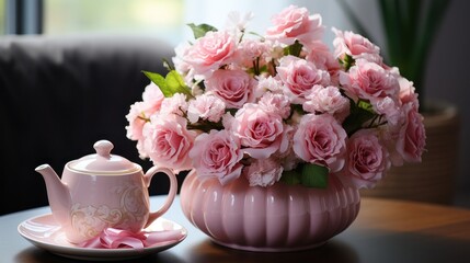 Soft pink roses and carnations in a vintage-style teapot - Powered by Adobe