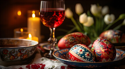 Obraz na płótnie Canvas Happy Easter dinner with folk decorated eggs. AI generated image.