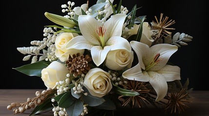 Elegant white lilies mixed with greenery and pine cones