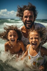 Smiling family playing in the ocean waves on a sunny day