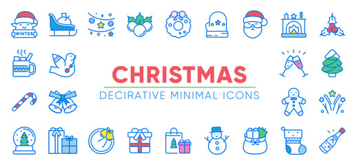Christmas Decorative Minimal Icons Set. Vector illustrations. Seasonal Elements - Garlands, Wreath, Santa, Fireplace, Mitten, Gifts, Cookies, Christmas Tree, Bottle, Snowman.