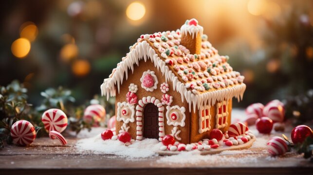 Festive gingerbread house with candy canes and icing decorations