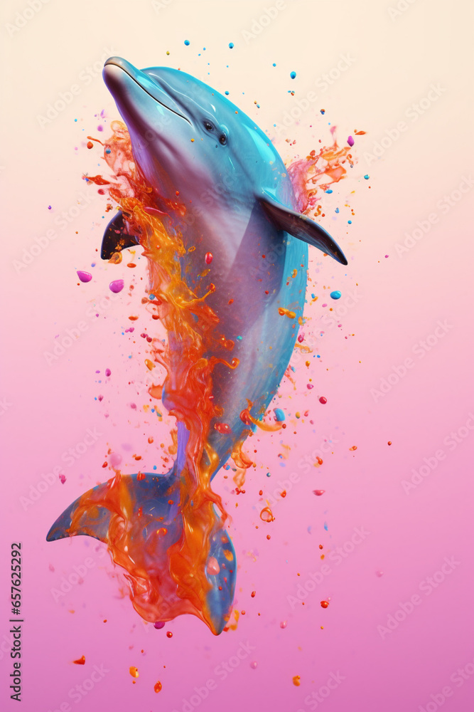 Poster an abstract surreal photograph of a dolphin splashed in bright paint, contemporary colors and mood s