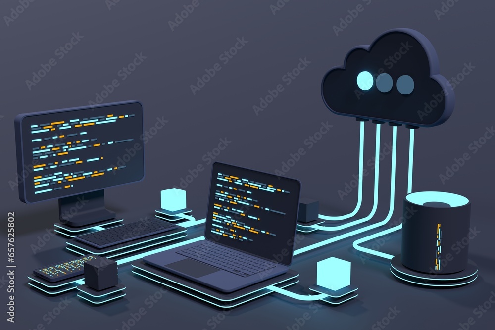 Poster Cloud technology computing concept. Modern cloud technology. Data center isometric concept. 3D cloud technology with datacenter. Web hosting concept. 3D rendering