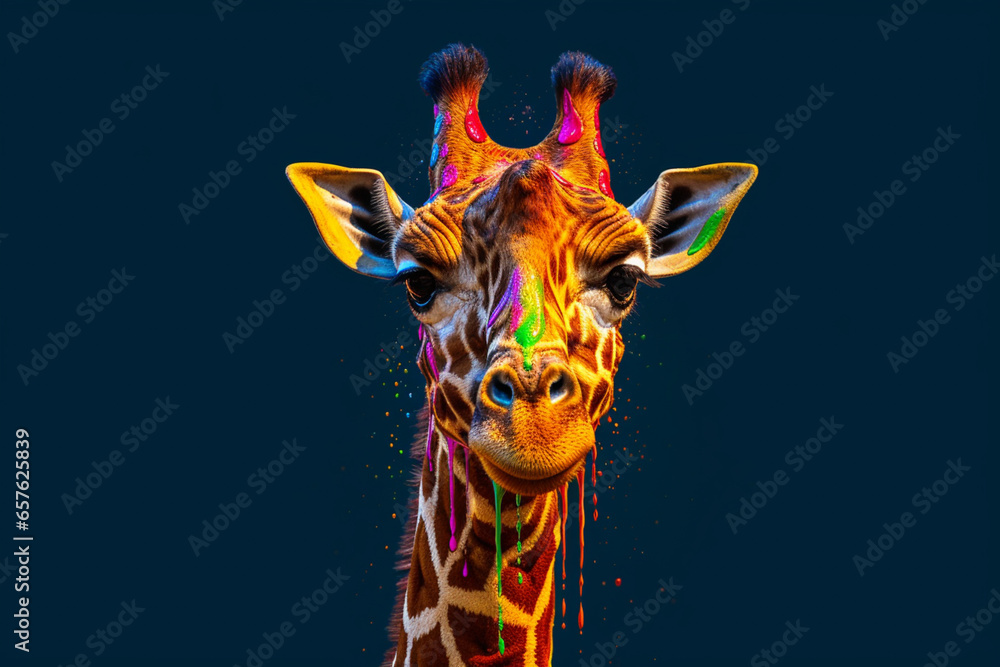 Aufkleber a curious giraffe with a long neck adorned in dripping paint, showcasing its unique pattern and heig