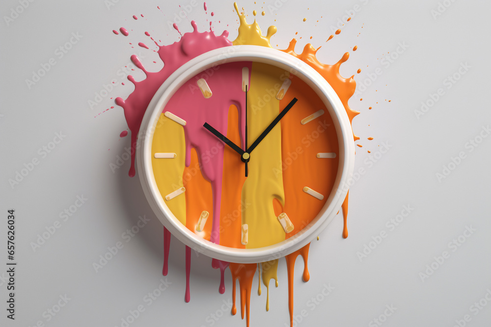 Poster a minimalist wall clock with subtle paint drips on the face, adding a unique and artistic touch to a