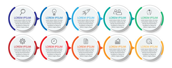 Business Infographic Template Design. Timeline with 10 marketing steps, options and icons. Vector linear infographic with ten connected elements. Can be used for presentations in your business.
