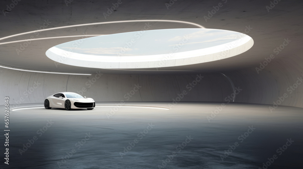 Poster 3d render of abstract modern architecture with empty concrete floor, car presentation background.