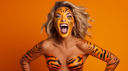 Mulher engraçada fitness bory com pintura de rosto de tigre em fundo laranja - obrazy, fototapety, plakaty