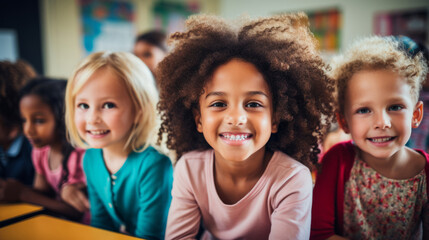 Fototapeta premium Group of diverse kids in classroom. Positive happy education