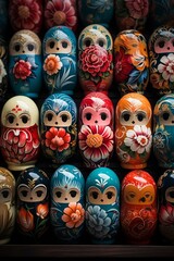 Traditional Russian matryoshka dolls arranged in a colorful display, Generative AI