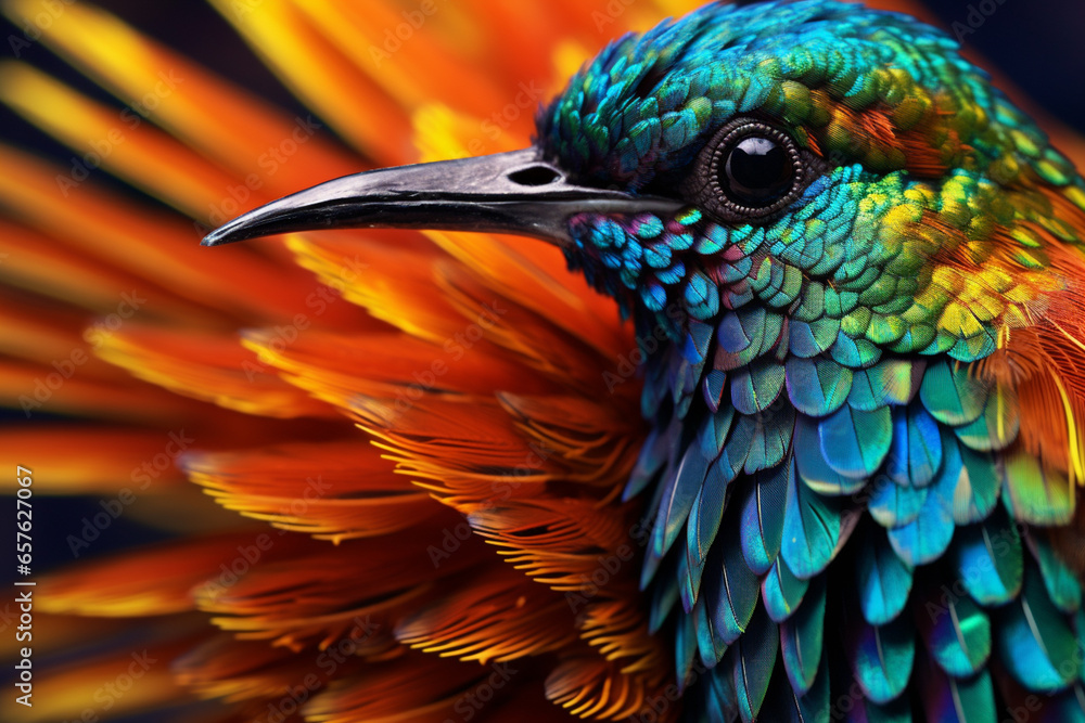 Poster the details of a hummingbird's feathers, capturing their iridescent shine and intricate patterns.