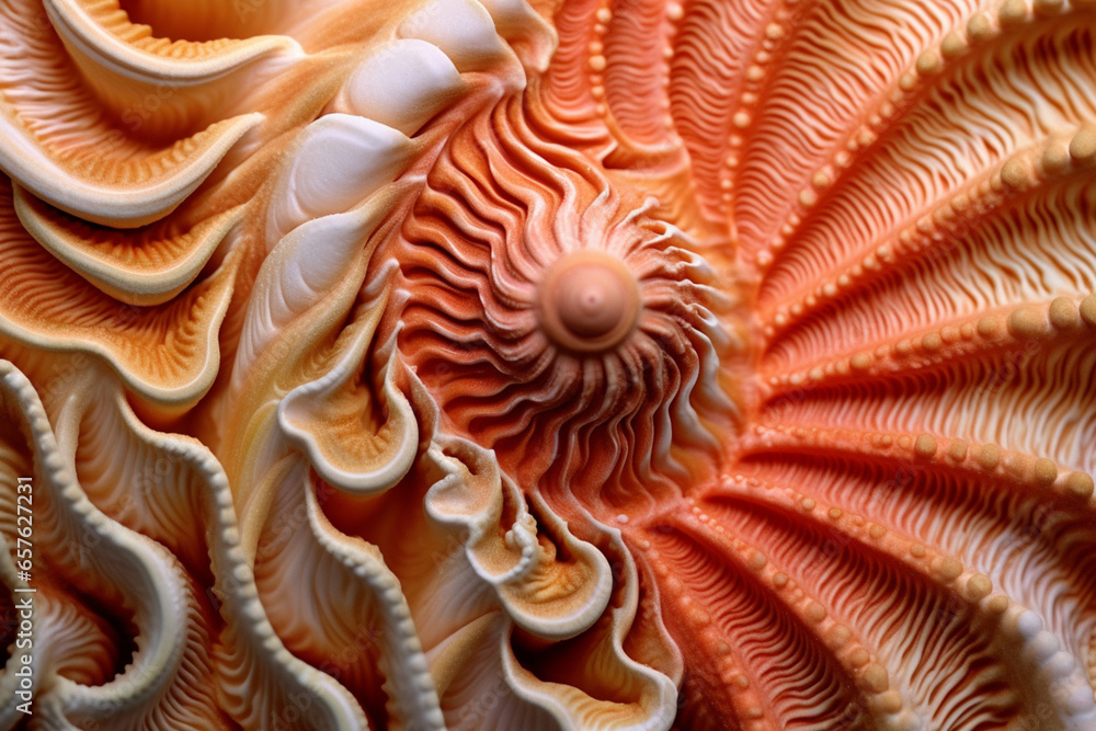 Poster the intricate patterns and textures of a seashell, capturing its delicate ridges and spiral formatio