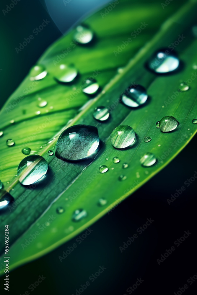 Poster a close-up of a raindrop on a plant leaf, showcasing the distorted reflection and the interaction be