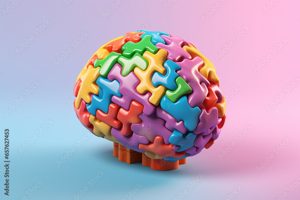 Poster a pastel rainbow brain with interlocking puzzle pieces, representing the complexity and interconnect