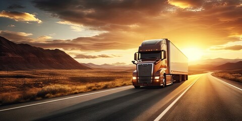 Fototapeta premium Trailer truck. Trucking into sunset. Freight transport journey. Delivering goods. Highway of commerce. Freight under sun