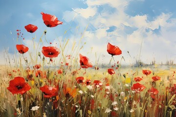 Obraz premium oil painting of flowers poppies in the meadow in sunny day