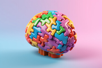 A pastel rainbow brain with interlocking puzzle pieces, representing the complexity and interconnectedness of thoughts. 