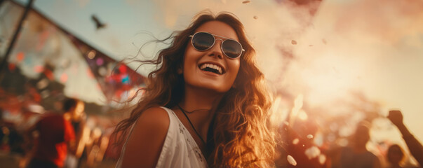 Beautiful party girl enjoying on music open air festival with dancing and cheering audience on fireworks light background.