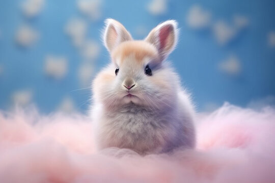 A pastel bunny with fluffy fur and a sweet expression, its pastel hues adding a touch of whimsy and charm to its adorable features. 