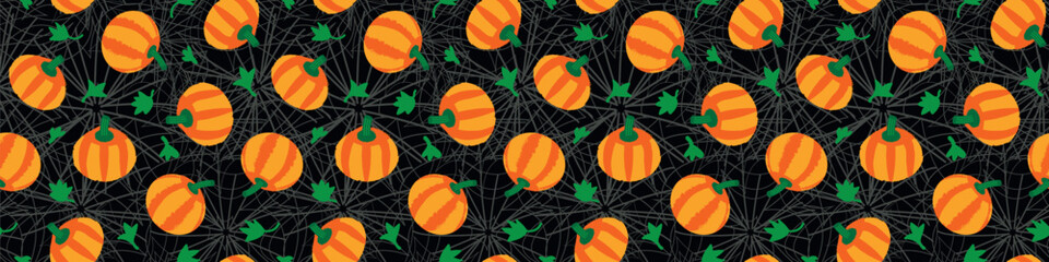 Orange pumpkins seamless vector border. Repeating hand drawn pumpkin silhouette with leaves on spiderweb backdrop. . Halloween banner for party decor, ribbons or Farmers Market marketing