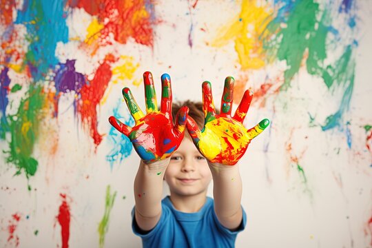 little boy shows his hands covered with bright multicolored paint