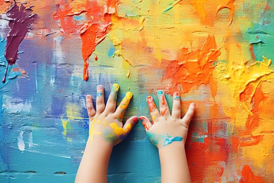 the hands of a small child draw on the wall with bright colors