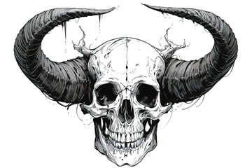 human skull with devil horn black and white - obrazy, fototapety, plakaty