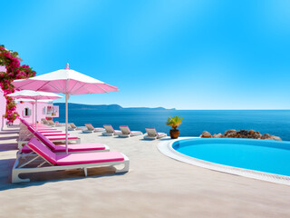 Resort pool with pink sun loungers and pink umbrellas. Beach chairs at a luxury beautiful hotel near the ocean. Beautiful sea and sky views. A mesmerizing look in the style of the popular blonde movie