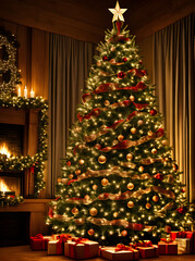Fototapeta na wymiar HDR cinematic Christmas tree in cozy K