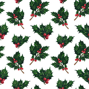 Watercolor seamless pattern with holly plant. Hand drawn Christmas illustration. Design of wallpaper, wrapping paper, print, design of New Year and Christmas products.