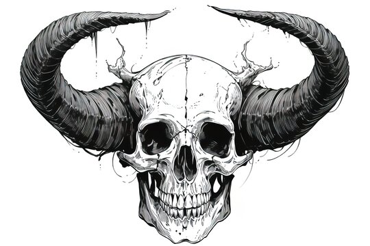 human skull with devil horn black and white