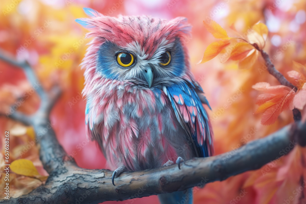 Wall mural a pastel owl perched on a branch, its feathers adorned with subtle pastel shades and intricate detai