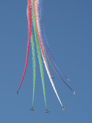 Group of fighter jet airplane with a trace of colorful smoke against sky
