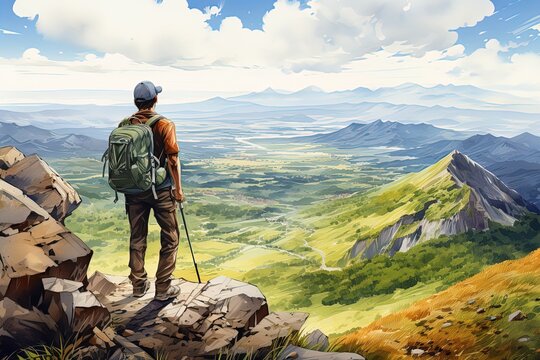 watercolor illustration of a hiker looking at a mountain valley back view