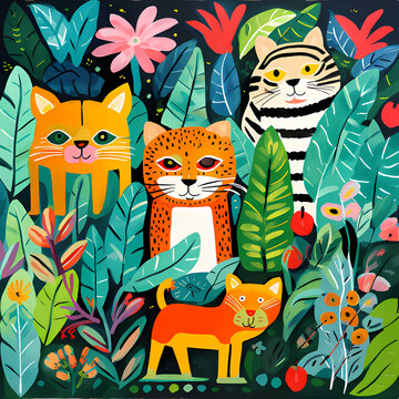 Animals in the wild forest. Various tigers and other animals in the tropical jungle, for storybook, children book, poster, birthday element, nursery room, invitation card etc. © idcreative.ddid