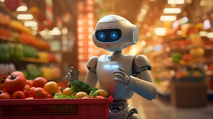 Super cute Robot in the supermarket buying vegetables. Delivery concept. AI generated image.