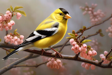 A pastel Goldfinch perched on a branch, its feathers adorned with subtle pastel shades and intricate details, radiating a sense of delicacy and freedom. 