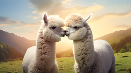 Super cute alpacas couple in love. Happy Valentine's day concept. AI generated image.