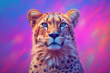 A pastel-colored Cheetah with a majestic mane, rendered in soft hues of pink, purple, and blue, exuding a serene and regal presence