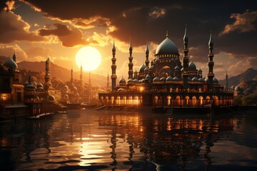 Fototapeta premium Majestic mosque with stunning minarets against a golden sunset, Generative AI