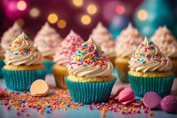 Fototapeta na wymiar Confectionery design of delicious beauty delicious and tasty cupcakes with cream and colorful sprinkles in the colorful background of the kitchen. Generative AI.