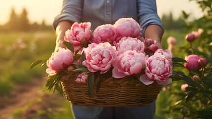 Woman holding a wooden basket with pink peony flowers. AI generated image