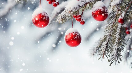 Fototapeta na wymiar snowing winter backdrop, featuring radiant red Christmas balls delicately nestled among lush fir branches, crafting a festive and enchanting winter season background.