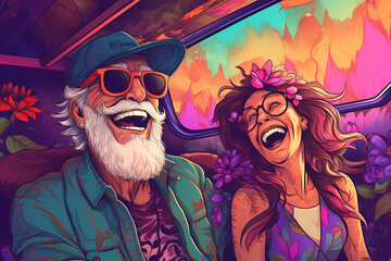 Old happy couple enjoying a bus ride together. Colorful portrait of stylish elderly woman and man laughing in a car