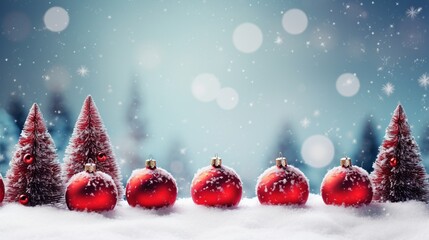 snowing winter backdrop, featuring radiant red Christmas balls delicately nestled among lush fir branches, crafting a festive and enchanting winter season background.