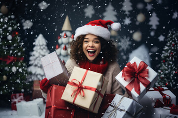 Happy woman wearing a Santa hat and holding many Christmas gifts, winter holiday decor background with christmas trees and snow, brunette girl shopping concept - Powered by Adobe