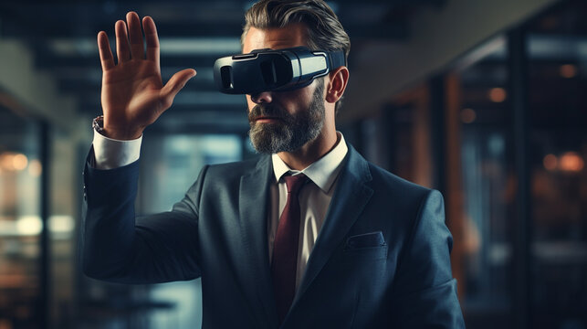 Portrait of business man wearing virtual reality glasses