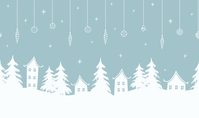 Christmas seamless border. Winter background. White houses, fir trees, Christmas tree decorations on light blue background. Winter village in holidays. Vector illustration