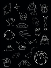 Colorful vector hand drawn doodle cartoon set of space objects and symbols